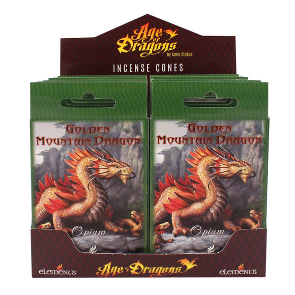 Pack of 12 Golden Mountain Dragon Incense Cones by Anne Stokes