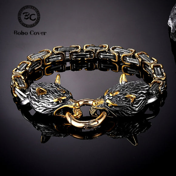 Nordic Vikings Celtic Wolf Head Bracelets Mens Stainless Steel Oding Wolf Bangles Amulet Never Fade Gold King Chain Rock Jewelry