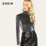SHEIN Silver High Neck Glitter Elegant Slim Fit Stretchy Top Ladies Long Sleeve  T-shirt - Syco Shopper